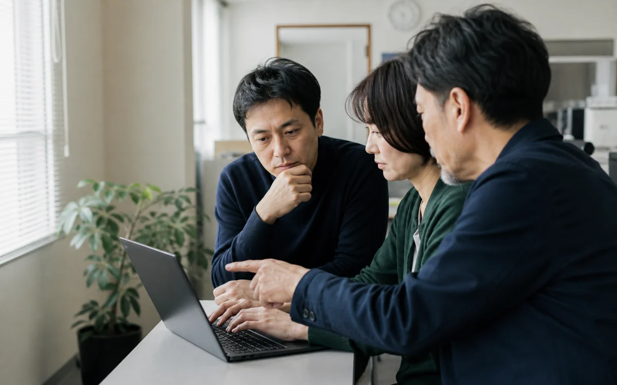 一台のノートPCを囲み、業務でのAI利用を検討する三人