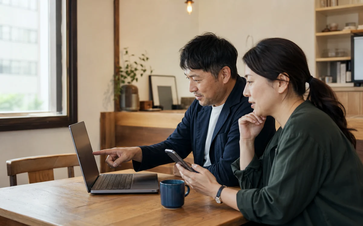 ノートPCとスマートフォンを確認しながら実務を進める二人