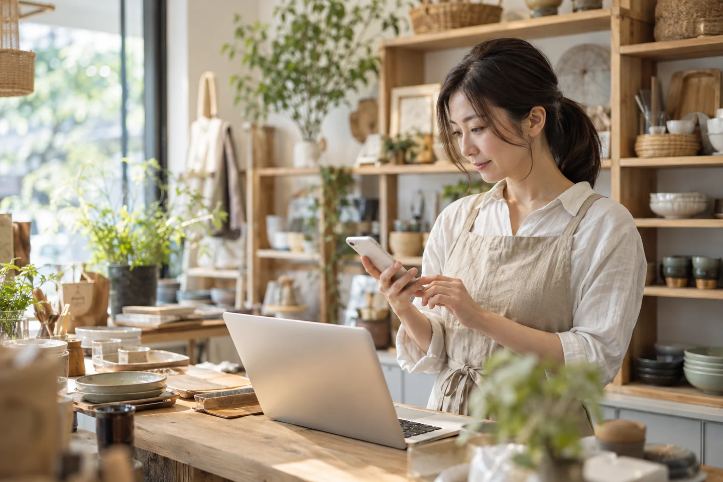 店舗でスマートフォンを確認する人